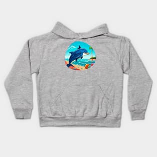 Happy blue dolphin playing on the beach Kids Hoodie